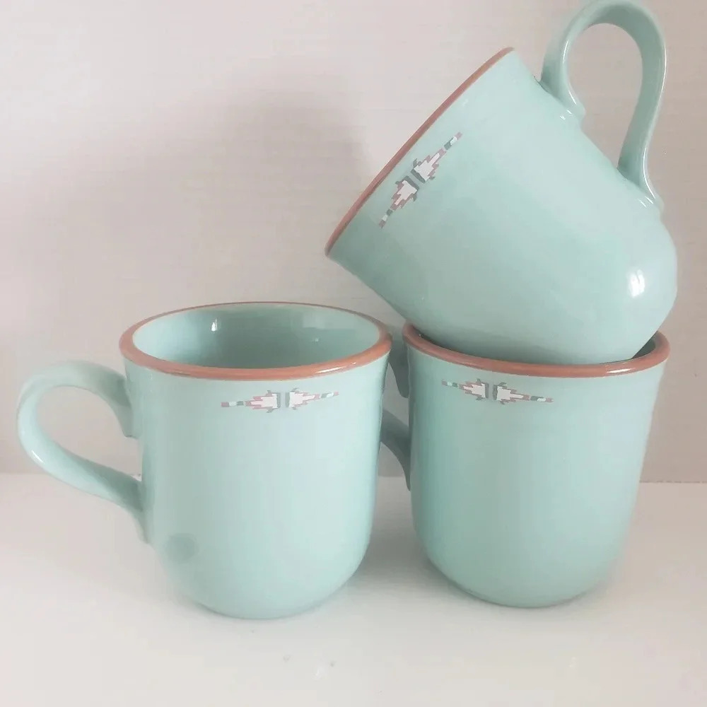 Vintage Noritake Stoneware Boulder Ridge Turquoise set of 3 Coffee Mugs.